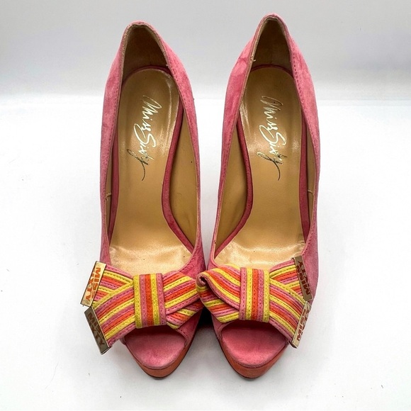 Miss Sixty Pink Suede Bow Peep-Toe High Heels – Size 37 (US 6.5-7) - Picture 2 of 10